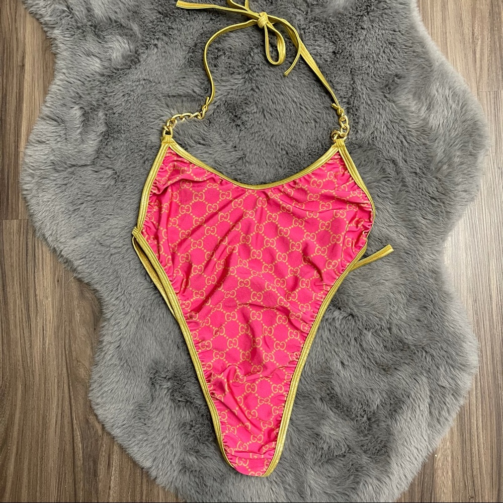 Pink monogram double G pink one piece swimsuit